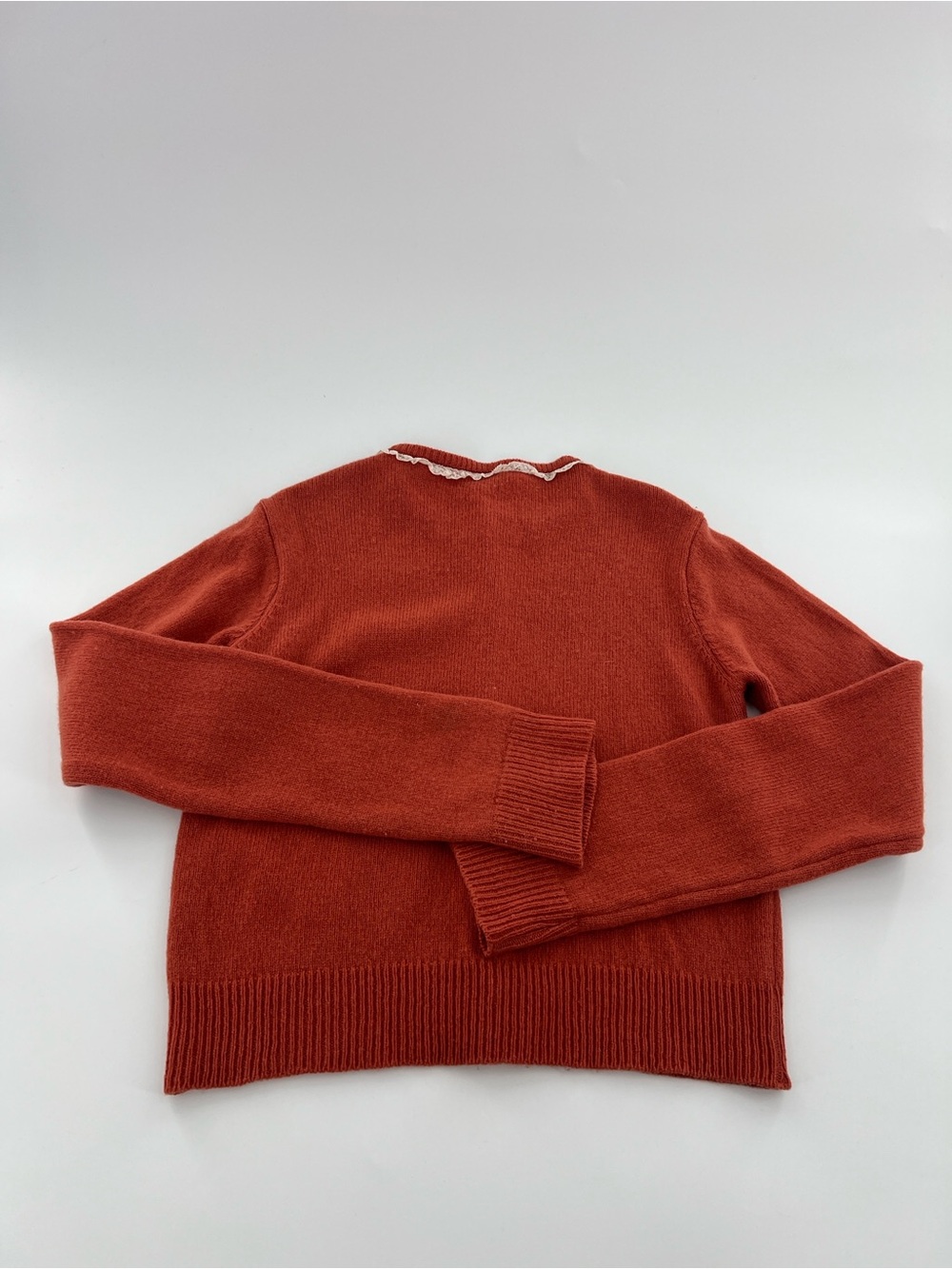 Vintage Agnes B. Rust Red Ruffle-Trim Cardigan Sweater feminine romantic dainty - Picture 7 of 8
